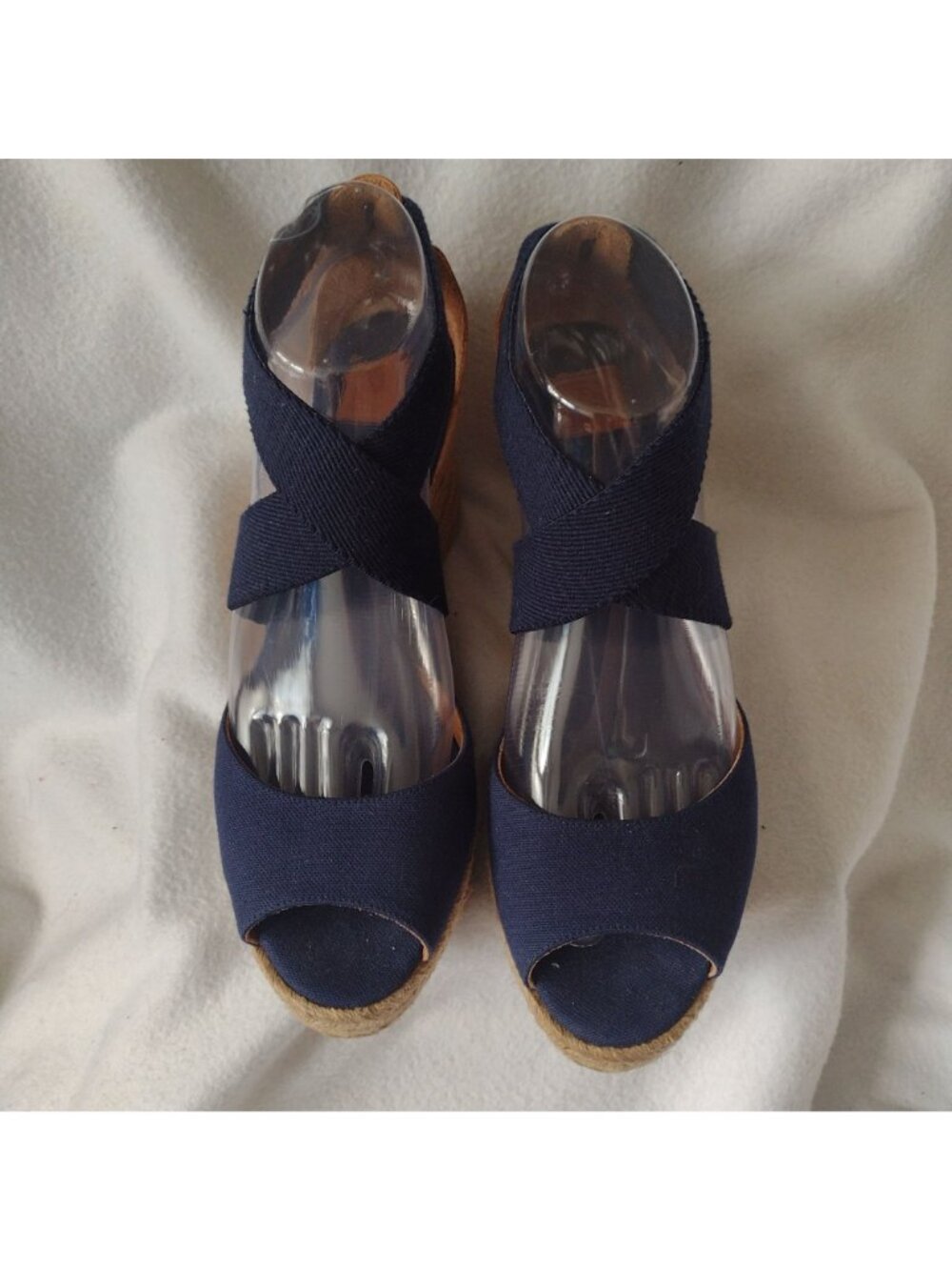 Tory Burch Natanya Wedge Espadrilles 9 Navy Blue Sandals w Elastic Ankle Straps - Picture 3 of 10